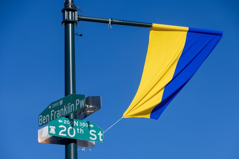A Ukrainian flag was put on light post along the Benjamin Franklin Parkway at 20th Street, where the Russian flag used to hang.