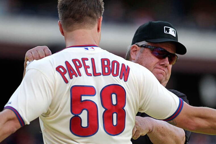 Jonathan Papelbon argues with umpire Joe West after being ejected from the game against the Marlins Sunday.
