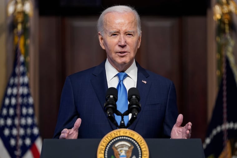 President Joe Biden speaks during a meeting of the National Infrastructure Advisory Council in the Indian Treaty Room on the White House campus on Wednesday in Washington.
