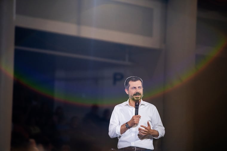 Pete Buttigieg speaks at a 2025 town hall hosted by VoteVets in Cedar Rapids, Iowa.