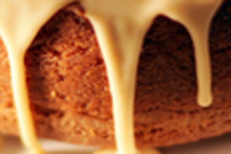 Caramel glaze spills down a brown-sugar pound cake, one of 64 hard-to-resist recipes in "Southern Cakes." Most are easy but sinfully rich.