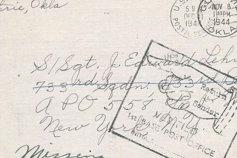 The envelope from a returned letter Ruth Lehman sent to her son Edward when he was serving overseas.