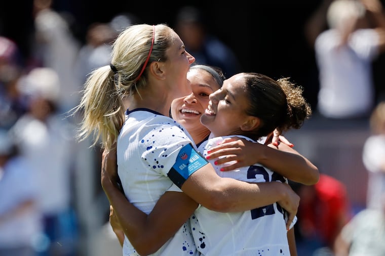 U.S. women's national soccer team players (from left) Lindsey Horan, Sophia Smith, and Trinity Rodman, seen here earlier this month during a FIFA Women's World Cup send-off soccer match against Wales.