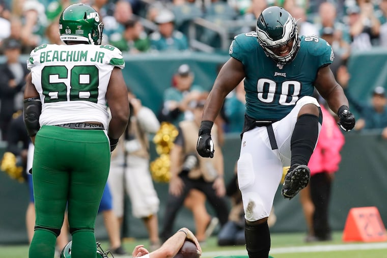 Eagles defensive tackle Hassan Ridgeway celebrates his fourth-quarter sack on New York Jets quarterback Luke Falk back on Oct. 6, 2019.