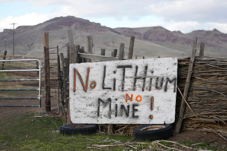 A "No Lithium No Mine!" sign is displayed on April 24, 2023, on the Fort McDermitt Indian Reservation near McDermitt, Nev.