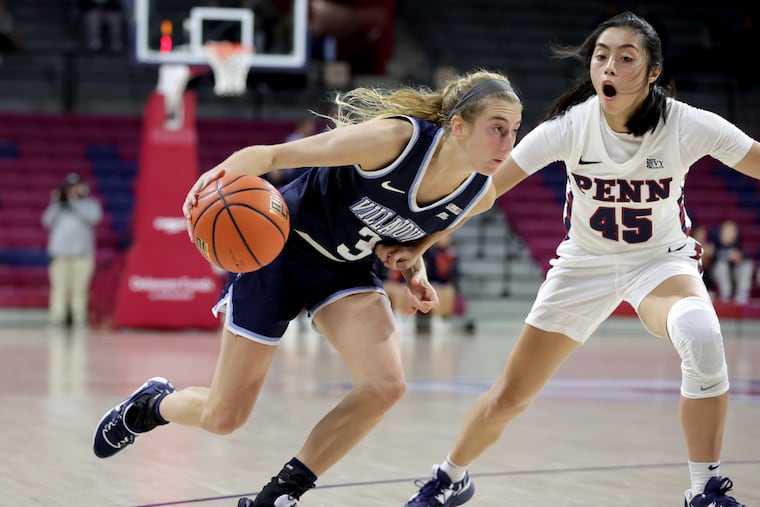 Kayla Padilla (right) plays defense against Villanova's Lucy Olsen during a game in November. Padilla scored 20 points Thursday night against Saint Francis Brooklyn.