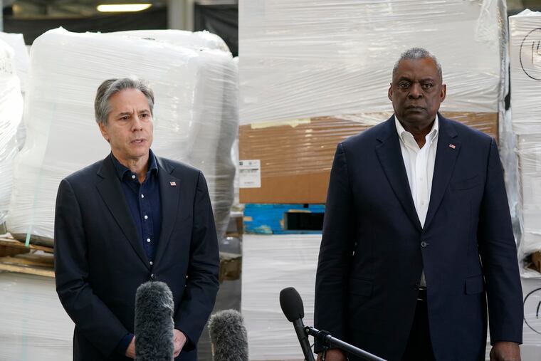 Secretary of Defense Lloyd Austin (right) and Secretary of State Antony Blinken speak with reporters Monday in Poland, near the Ukraine border, after returning from their trip to Kyiv, Ukraine, and meeting with Ukrainian President Volodymyr Zelenskyy.