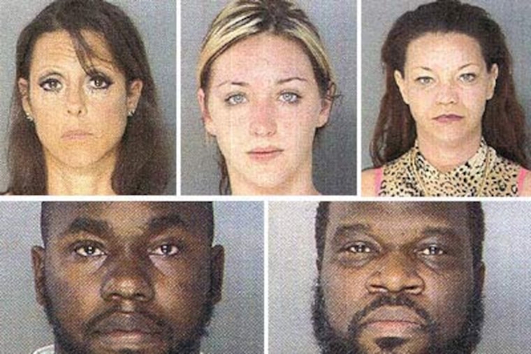On top, Laura Holland (left), Christine Hunter (middle) and Edith Massie (right), Christopher Powell (bottom left) and Clarence Norris (bottom right) were all arrested as part of a crackdown on airport prostitution rings. (Handout photos from Philadelphia Police)