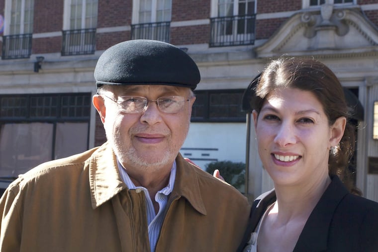 Philadelphia stockbroker-turned porn broker stands with his daughter Kristin Battista-Frazee, author of "The Pornographer's Daughter." Battista once operated the Golden 33 and was indicted in 1974 for distributing the X-rated film classic "Deep Throat." (Chanda Jones/Staff Photographer)