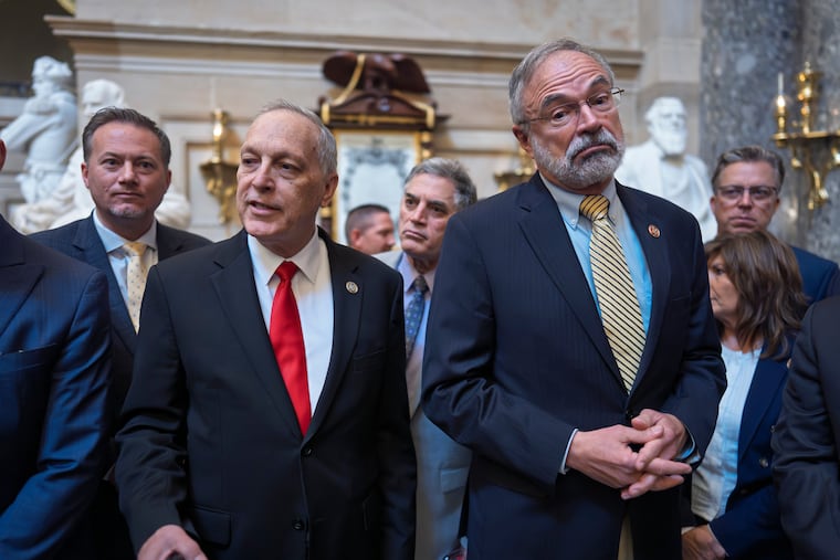 After a deal was approved to fund the Department of Homeland Security, except for immigration operations, members of the conservative House Freedom Caucus, including Rep. Andy Biggs, (R., Ariz., left) and Rep. Andy Harris, (R., Md., right) tell reporters that they won't vote in the House to pass it as is, at the Capitol in Washington, Friday, March 27, 2026.
