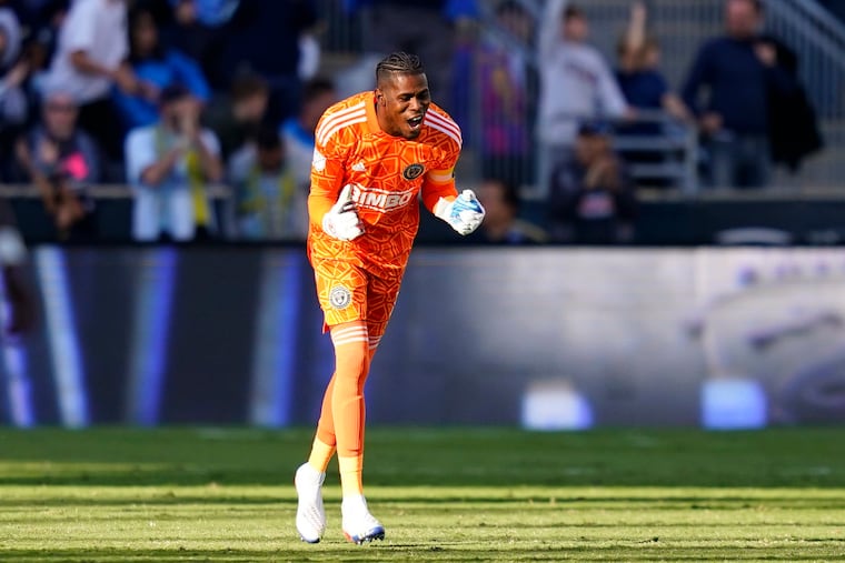 The Union's Andre Blake celebrates a win over Toronto FC on Oct. 9.