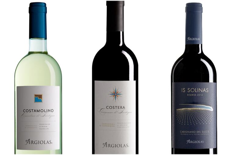Three Sardinian wines from Argiolas show a range or native grapes and price points, including Costamolino vermentino (left), Costera cannoneau (center) and Is Solinas carignano.