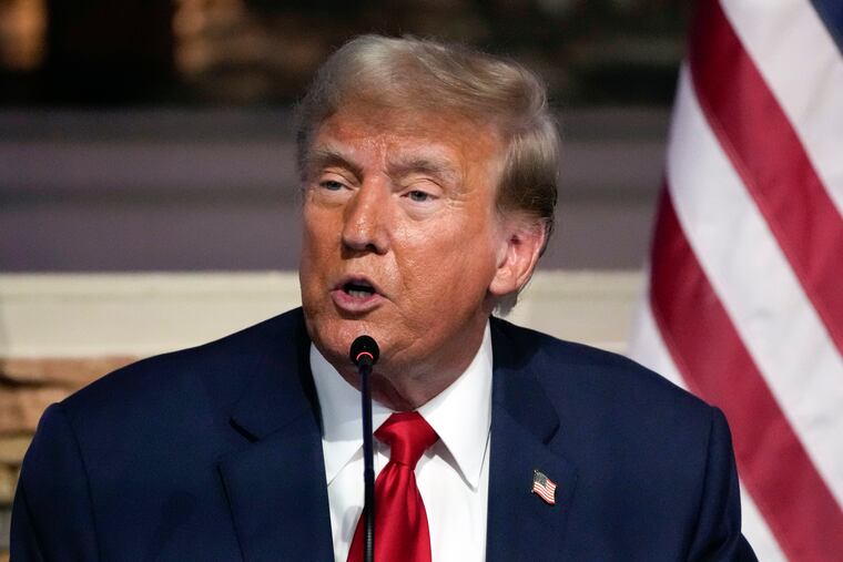 Republican presidential candidate former President Donald Trump speaks at a campaign event in Detroit.