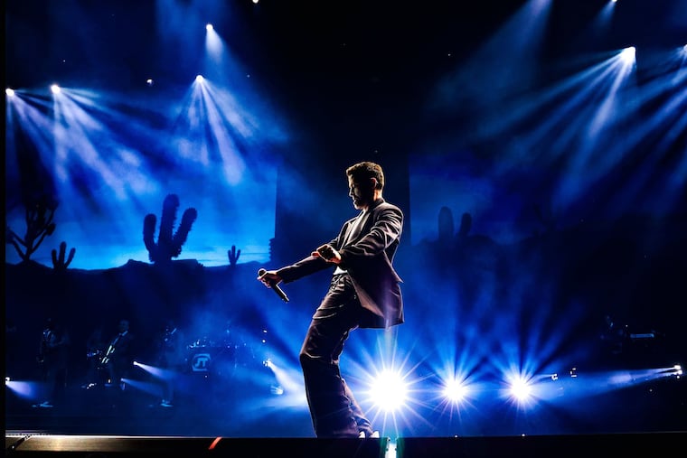 Justin Timberlake performing earlier this year. His Forget Tomorrow World Tour with his band the Tennessee Kids played the Wells Fargo Center in South Philadelphia on Friday night.