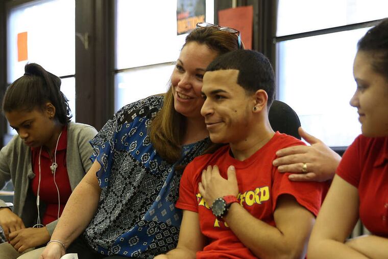 History teacher Lena Namnun , a recent Lindback Award recipient, with her students at Frankford High.