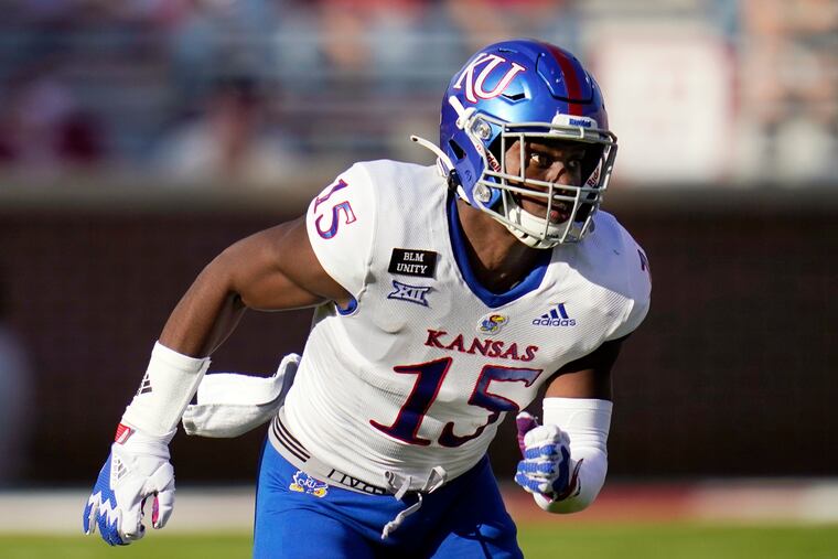 Kansas linebacker Kyron Johnson (15) during an NCAA college football game against Oklahoma in Norman, Okla., Saturday, Nov. 7, 2020.