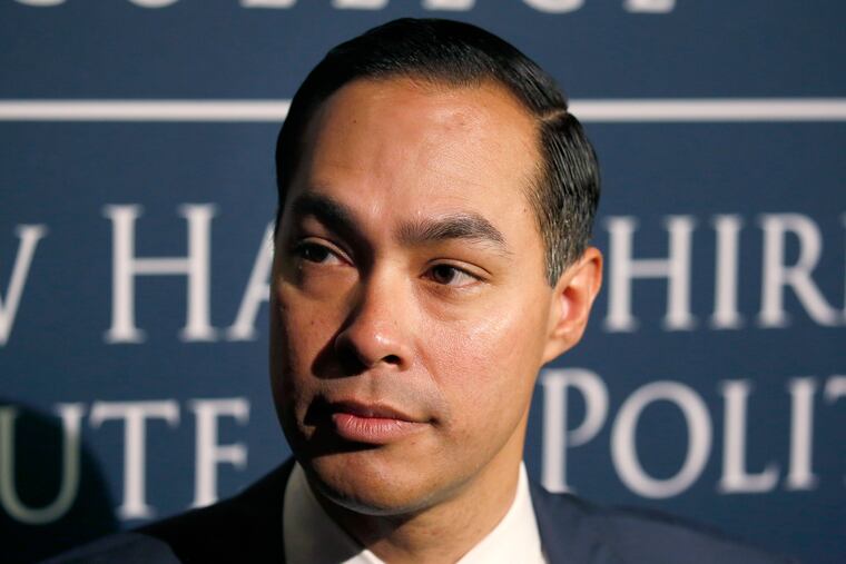 FILE- In this Jan. 16, 2019, file photo Julian Castro, former U.S. Secretary of Housing and Urban Development and candidate for the 2020 Democratic presidential nomination, speaks to the media at Saint Anselm College in Manchester, N.H. The fiercest battle for campaign cash is playing out between the presidential candidates who might not be on your radar. Ahead of Sunday, March 31 fundraising deadline for the first quarter, the underdogs of the Democratic primary were in a mad dash to coax as little as $2 from grassroots donors. (AP Photo/Mary Schwalm, File)