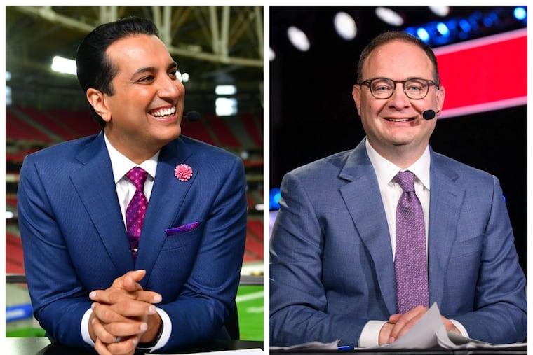 ESPN anchor and Temple alum Kevin Negandhi, left, and St. Bonaventure men's basketball general manager Adrian Wojnarowski