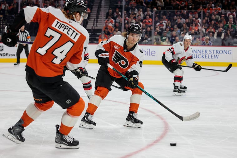The Flyers' Trevor Zegras moves the puck against the Senators during the first period at the Xfinity Mobile Arena on Nov. 8.
