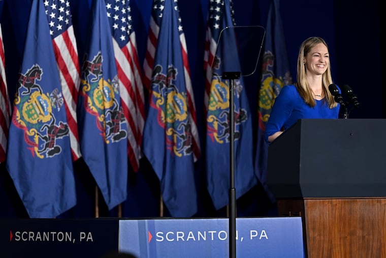 On stage at the Scranton Cultural Center at the Masonic Temple, Scranton Mayor Paige Cognetti welcomes supporters before the arrival of President Joe Biden, on April 16, 2024. He was on a three-day Pennsylvania campaign tour.