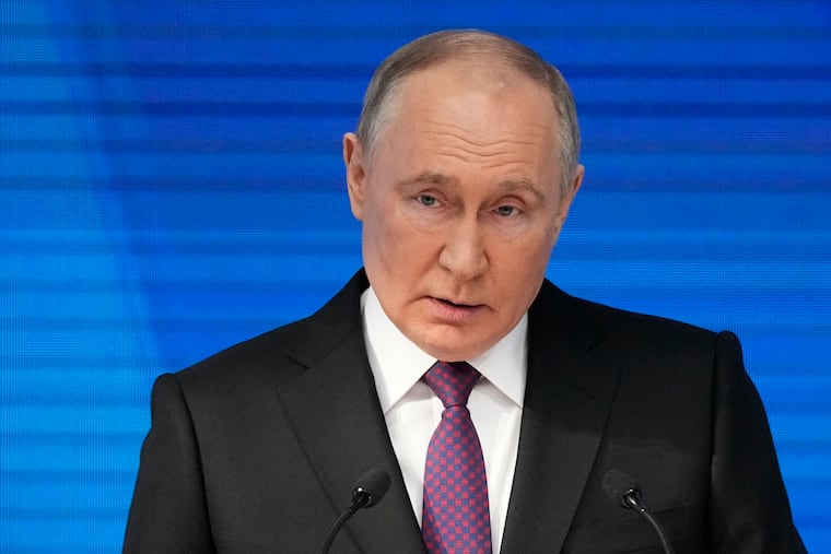 Russian President Vladimir Putin delivers his state-of-the-nation address in Moscow, Russia, on Thursday.