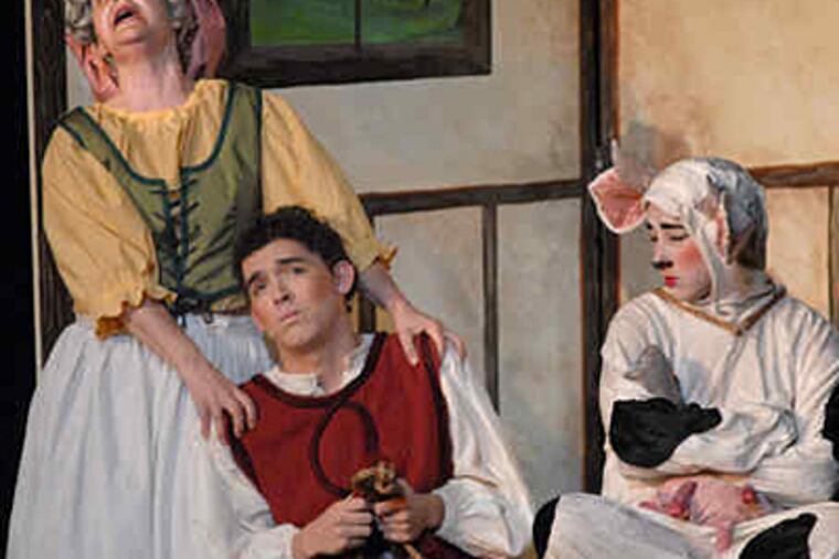 Christian Caliva portrays Jack and Marsia Mason plays his mother in "Into the Woods." At right is Gabbi Townsend, as the Cow. The nonprofit MoorArts is staging the musical as part of its efforts to promote visual, performing, graphic, and fine arts in the Moorestown, N.J. schools and community. (April Saul / Staff Photographer)