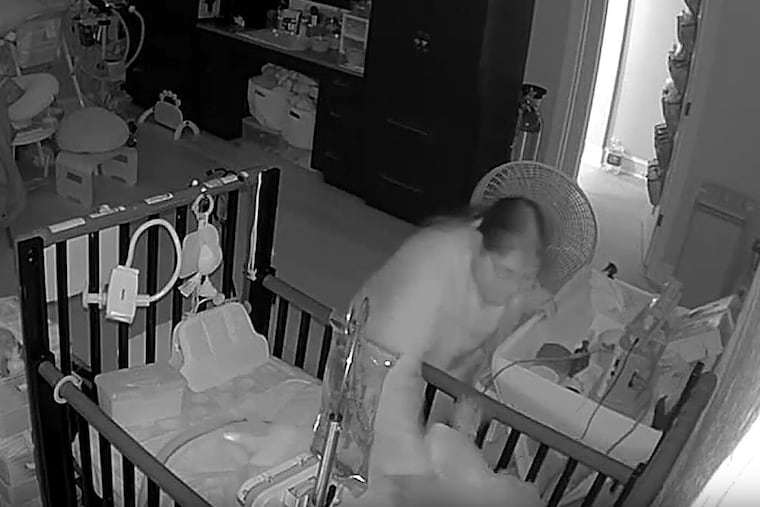 Image from a Ring video that allegedly shows Cindy L. Desser, a home health nurse, assaulting a 1-year-old girl with spina bifida last year in Delaware County, according to a lawsuit filed Monday.