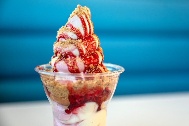 A strawberry shortcake "Happy Stack" — a doughnut layered with soft serve — at Happy Place Homemade in Medford.