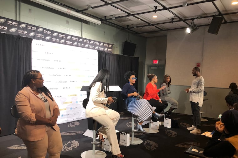 Eagles wide receiver Nelson Agholor (standing) with the panel during Thursday's event at Lincoln Financial Field.