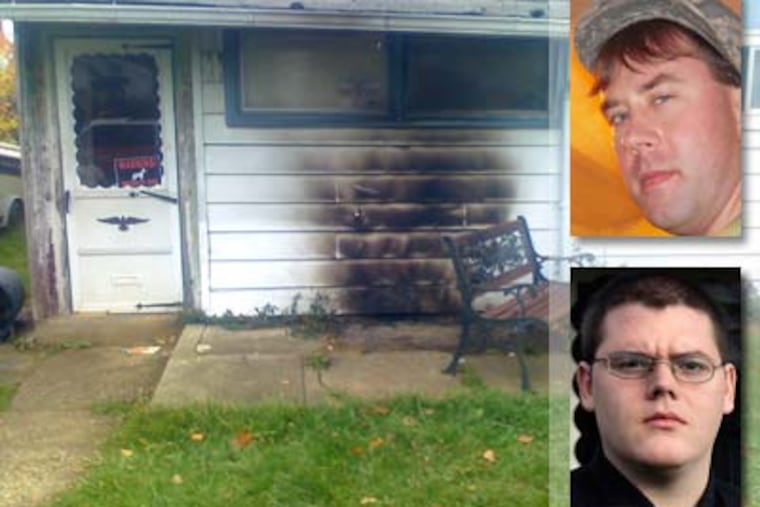 Brian Westberry, inset bottom, believes Gregory Cujdik, inset top, the son and brother of Philadelphia police officers, set fire to his home and has received preferential treatment in an inquiry into the fire and a confrontation between the two. (Westberry photo: David Maialetti / Staff Photographer)