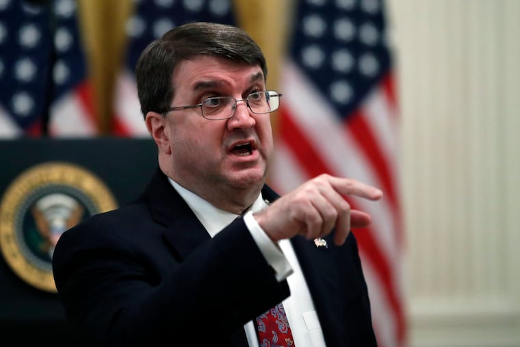 Veterans Affairs Secretary Robert Wilkie talks before President Donald Trump arrives to speak about protecting seniors, in the East Room of the White House, Thursday, April 30, 2020, in Washington.