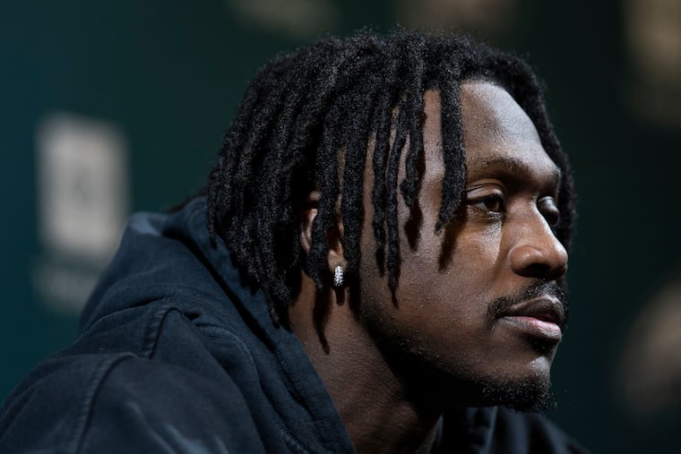 Eagles wide receiver A.J. Brown speaking with reporters in January.