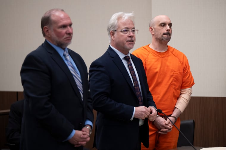Sean M. Higgins (right), the driver charged with killing NHL hockey player Johnny Gaudreau and his brother Matthew while they were bicycling, appears at the Salem County Courthouse on Monday.