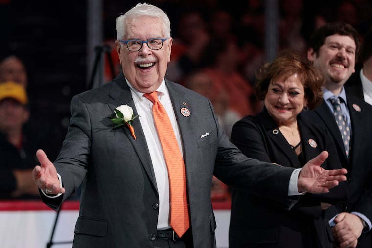 Flyers announcer Lou Nolan is honored for his 50 years of service to the team prior to the Anaheim Ducks vs Philadelphia Flyers NHL game at the Wells Fargo Center in Phila., Pa. on April 9, 2022.
