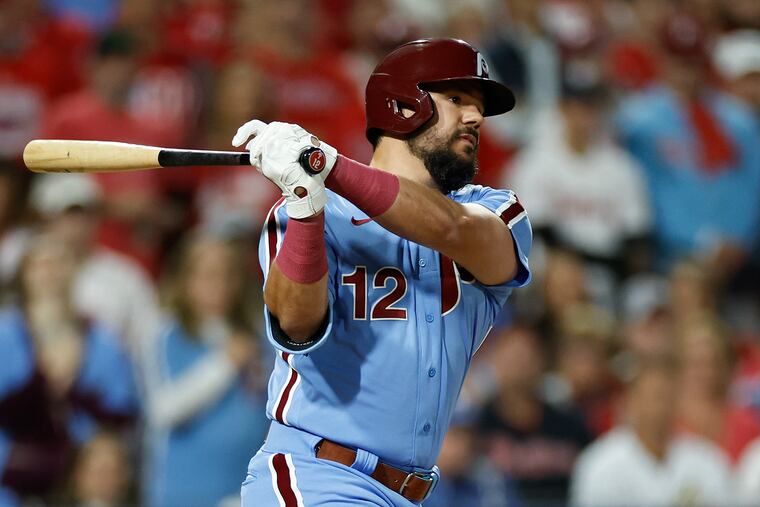 Phillies designated hitter Kyle Schwarber has struggled in the postseason so far. Last year, he thumped Padres pitching in the NLCS.