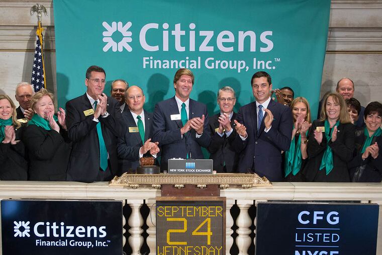 Bruce Van Saun, Chairman and Chief Executive Officer of Citizens Financial Group and Head of RBS Americas, joined by members of the company�s management team rings the Opening Bell at The New York Stock Exchange on September 24, 2014 in New York City. (Photo by Ben Hider/NYSE)