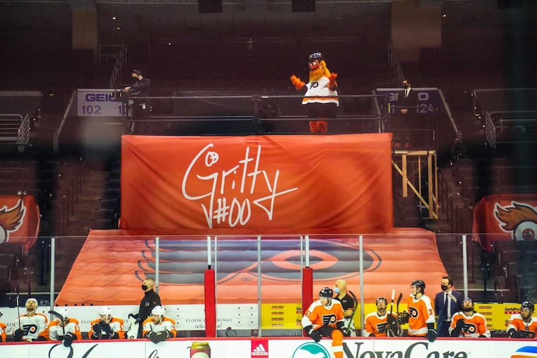 Gritty gets down on his new platform at the Wells Fargo Center, where he'll be performing and taunting opposing teams during home games.