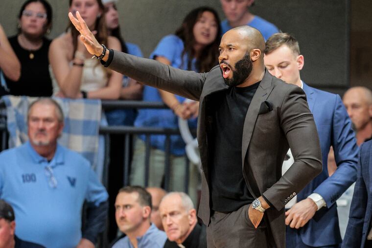 Villanova's head coach Kyle Neptune calls plays at The Finneran Pavilion.