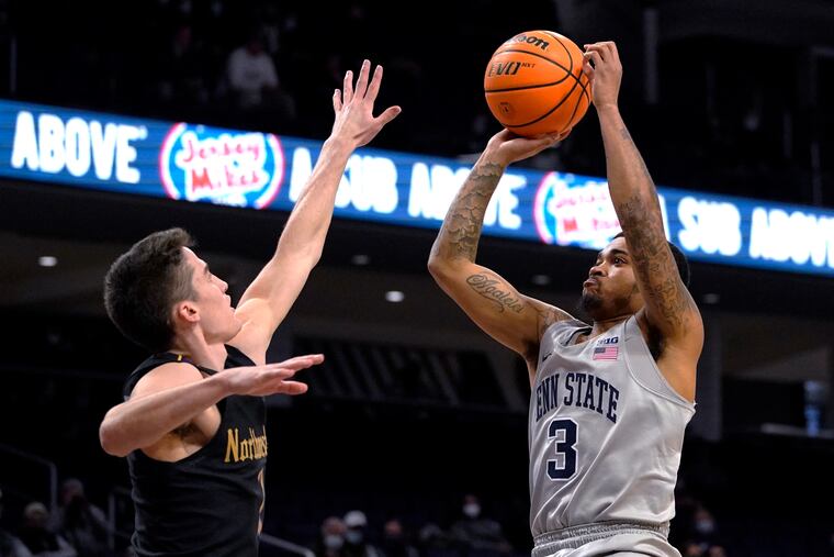 Penn State guard Sam Sessoms shoots against Northwestern.