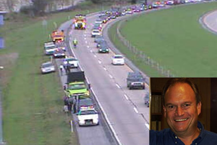 A PennDot camera shows police at the scene of the road rage shooting on Route 422. John Yannarell of Gilbertsville (inset), seen here in an undated photo from his website pitchyourbitchonline.ning.com, later surrendered to state police Friday after a road rage shooting on Route 422.