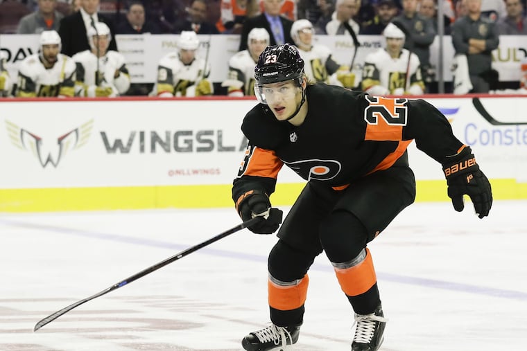 Flyers left winger Oskar Lindblom skates against the Vegas Golden Knights on Saturday before being injured in the third period. Vegas won, 1-0.