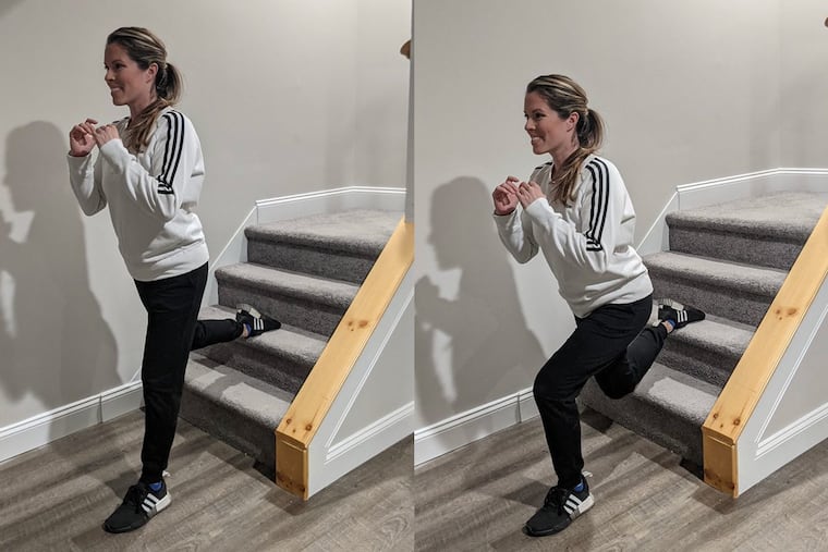 Ashley demonstrates a split squat using stairs.