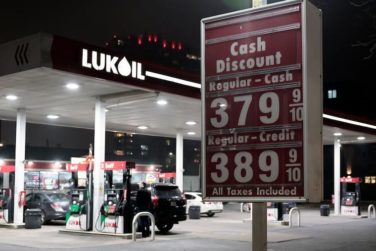 Rising gas prices are reflected at the Lukoil gas station on Spring Garden Street at Delaware Avenue on March 7.