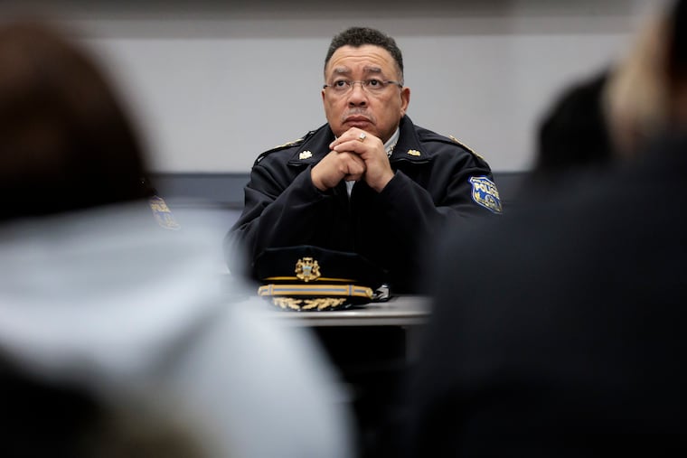 Police Commissioner Kevin Bethel listens during the 22nd District community meeting at the Honickman Learning Center on Dec. 2, 2025.