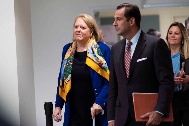 Conservative activist Virginia "Ginni" Thomas returns from a short break in a voluntary interview with the House panel investigating the Jan. 6 insurrection, at the Thomas P. O'Neill Jr. House Office Building in Washington.