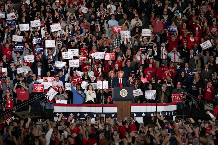 President Donald Trump speaks at his Keep America Great campaign rally in Wildwood, NJ on Tuesday, Jan. 28, 2020. Rep. Jeff Van Drew (R-NJ), who switched over to the Republican Party, joined him at the rally.
