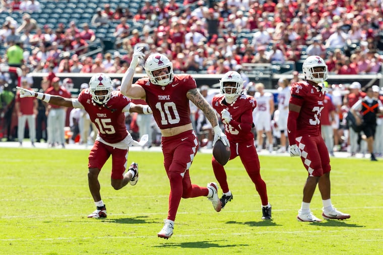 Temple's Ty Davis celebrates after gaining possession of the ball from a fumble against Oklahoma University on Sept. 13.