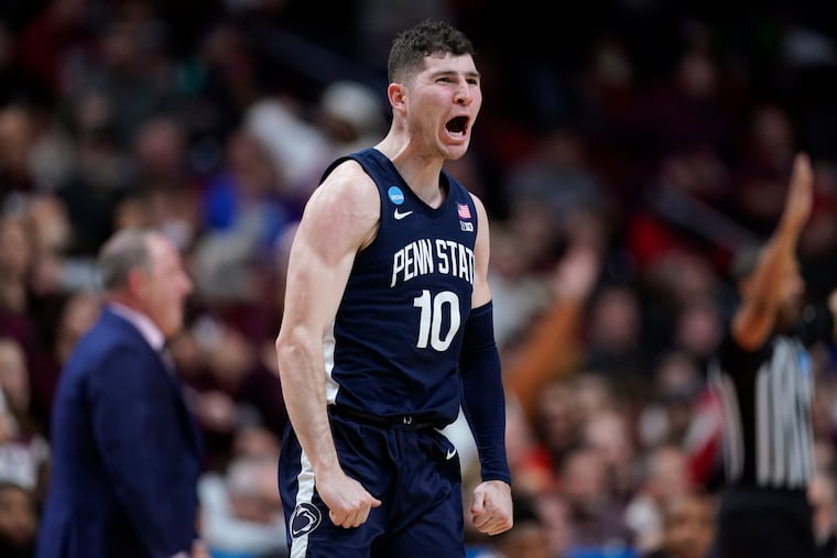Penn State guard Andrew Funk, an Archbishop Wood alumnus, celebrates one of his eight three-pointers against Texas A&M on Thursday.