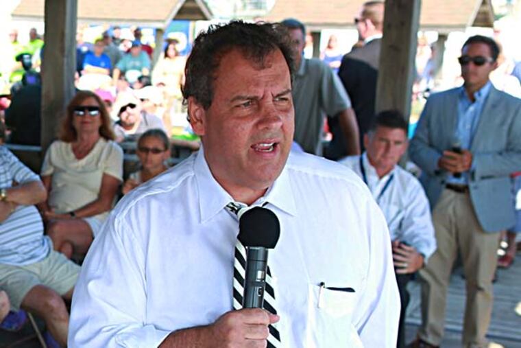 Gov. Chris Christie talks about pension reform at "Town Meeting" at the Bay View Park on Long Beach Island Boulevard in Long Beach Township, N.J. Tuesday July 22, 2014. ( DAVID SWANSON / Staff Photographer )