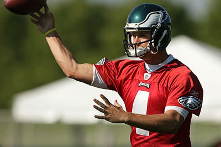 Kevin Kolb was the center of attention at Eagles training camp on Tuesday. (Yong Kim/Staff Photographer)